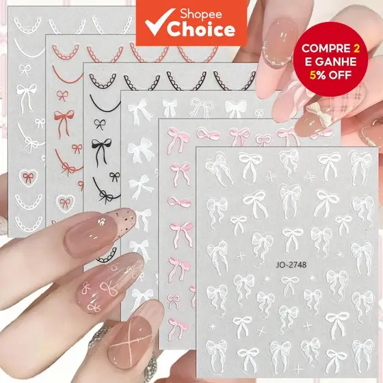 3/6/12 Folhas Adesivos de Unhas Laço Transparente em Renda 3D, Corrente de Fita Branca e Rosa, Decalques para Design de