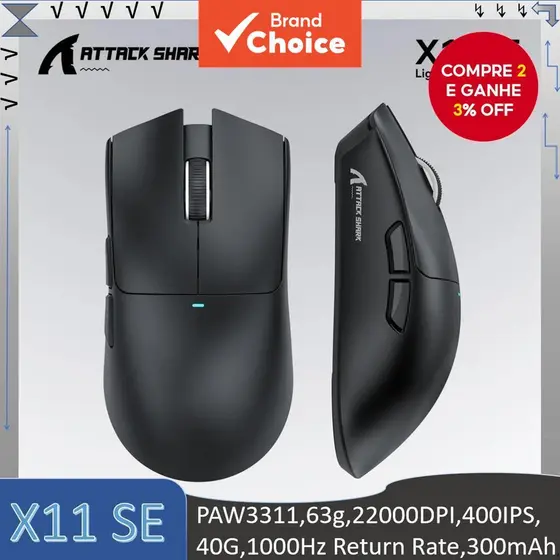  Mouse Gamer Leve com Três Modos ATTACK SHARK X11 SE, Vida Útil de 20 Milhões de Ciclos HUANO, PAW3311, 63g, 22000DPI,