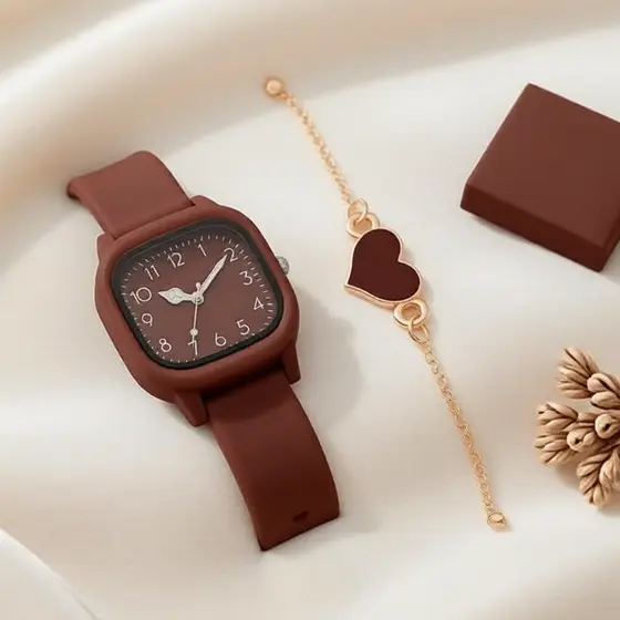 2 peças de relógios de moda feminina com pulseira de silicone e bracelete em formato de coração (sem caixa)