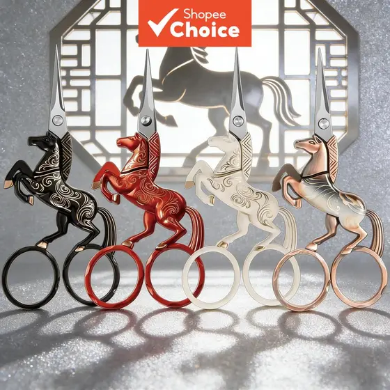 Tesoura de linha para costura e cerimônias de chá com elementos vintage chineses, unicórnio e cavalo