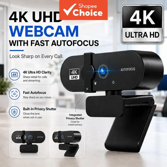Webcam 4K Para PC E Laptop , Câmera De Vídeo Transparente Com Microfone , Foco Automático PDAF Rápido , Correção Automát