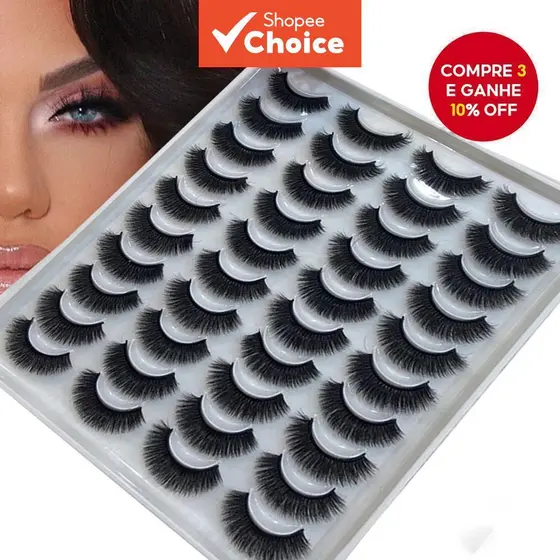 Cílios Postiços 3D Fofo Volume Natural Reutilizável 20 Pares