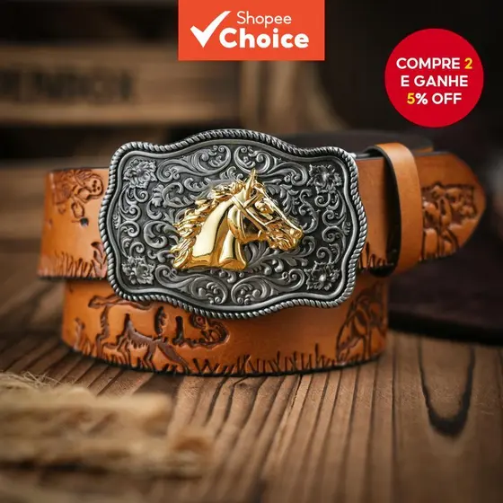 Cinto masculino estilo cowboy ocidental com fivela gravada de cavalo floral para estilo casual de couro
