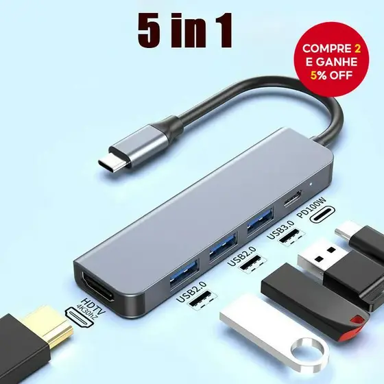 Adaptador USB-C para HDMI 5 portas, Hub USB 3.0/2.0, PD, divisor multifuncional para MacBook e laptop