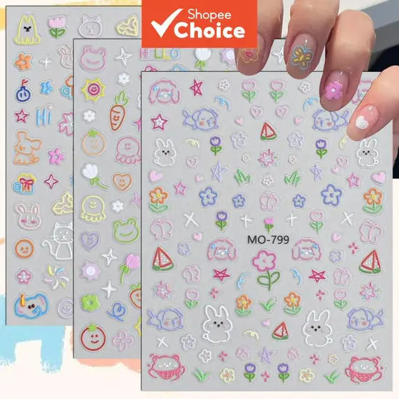 3/6/12 Folhas de Adesivos de Unhas de Desenho Animado Kawaii, Relevos 5D, Pastel, Animais, Flores, Coração, Autoadesivos