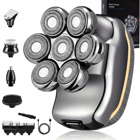 LARGNER RQ-7900 Premium Barbeador Elétrico de 7 Lâminas, Barbeador de Cabeça 2-em-1 & Aparador de Cabelo Masculino