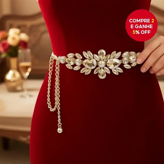 Cinto Feminino de Corrente com Zircônia Dourada, Acessório Elegante para Vestidos de Noite