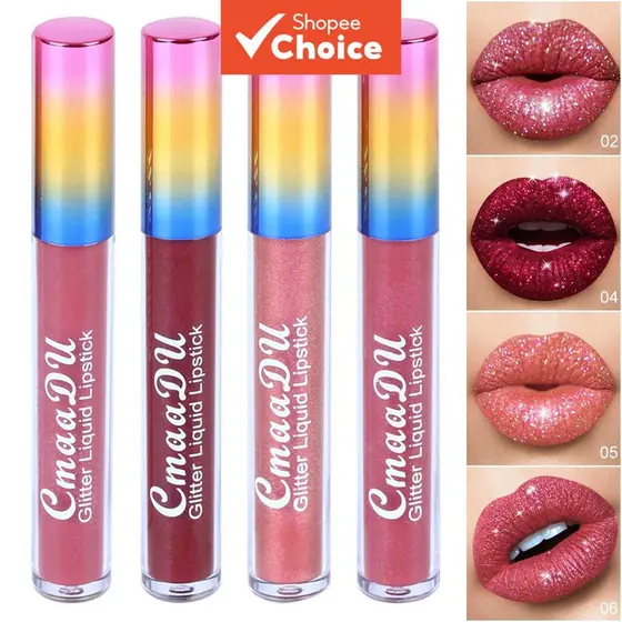 CmaaDu 4 peças/conjunto (02 04 05 06) Batom Líquido Brilhante à Prova d'Água, Brilho Labial Duradouro, Efeito Perolado,