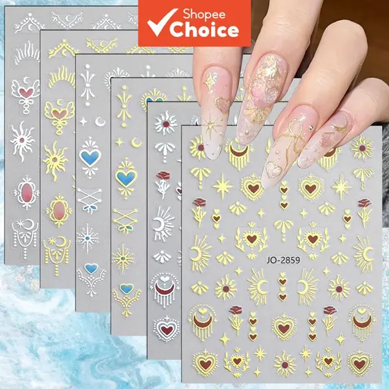 3/6/12 folhas Adesivos de Unhas 3D Sagrado Coração Sol Lua, Celestial Dourado, Autoadesivos para Nail Art e Manicure DIY