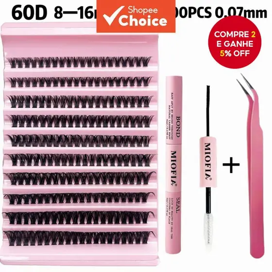 Kit de Cílios Postiços 60D em D 8-16mm, Efeito Volume em Leque, com Cola e Pinça