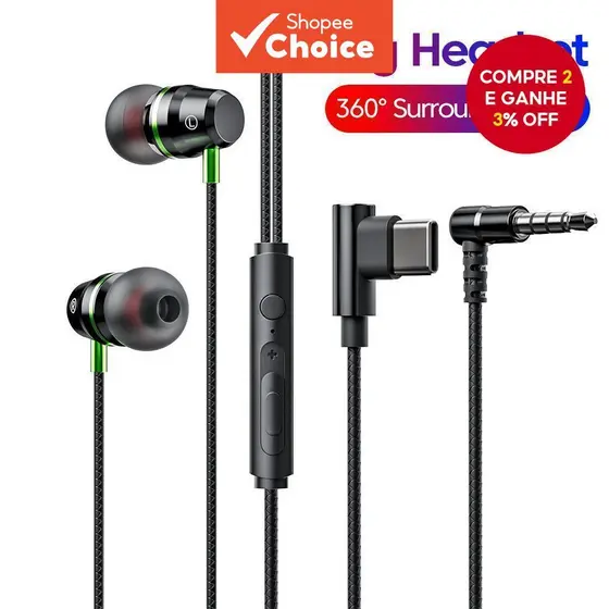 Fones De Ouvido Tipo C/3.5 Mm Com Fio Intra-Auriculares HiFi Stereo Surround Musicais Para Jogos Subwoofer Baixo De Baix