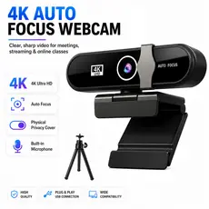 Webcam Ultra 4K HD Com Microfone , Cancelamento De Ruído , Obturador De Privacidade , Tripé , Lente Grande Angular E Cor