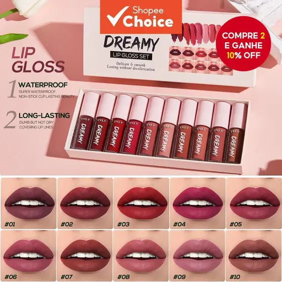 Conjunto Labial Fosco Final De 10 Cores TVLV-Veludo , À Prova De Transferência D'água , Sem Secagem , Escolha De Desgast