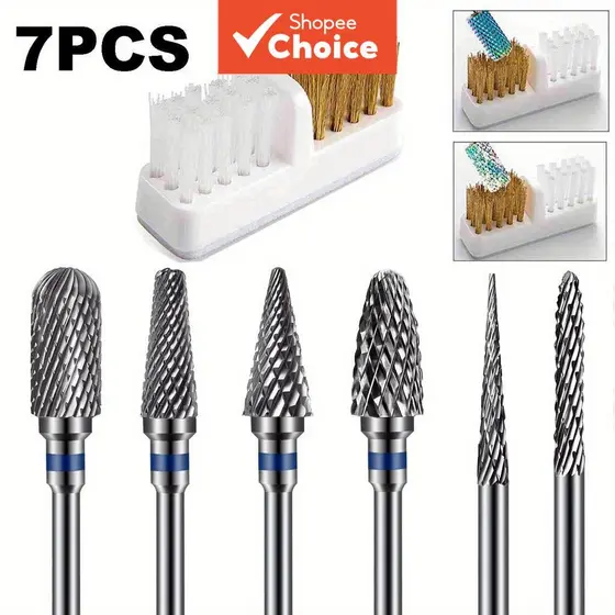 Kit de 7 peças de broca de unhas de carboneto de tungstênio com escova de limpeza (3/32), ferramentas profissionais de