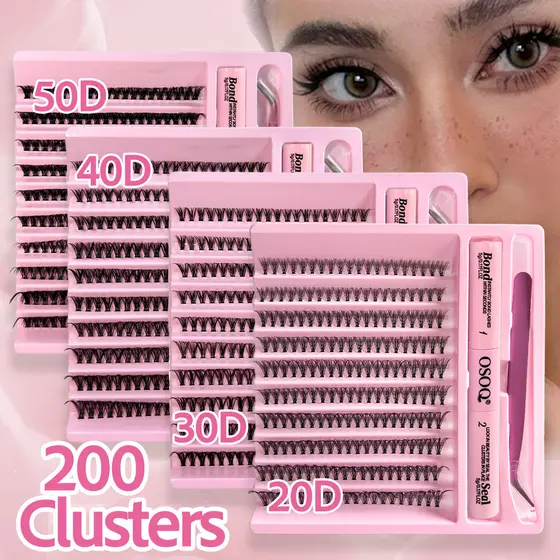 Conjunto De Extensão De Cílios 200 Peças , 20D-50D Misturado 8-16mm Volume De Alargamento Natural Com Pinça De Cola