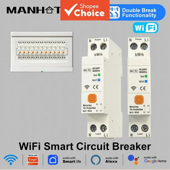 Disjuntor Para MANHOT WiFi 63A N + L Cut Smart Breaker Medição Interruptor Inteligente Temporizador Com Tensão E Corrent