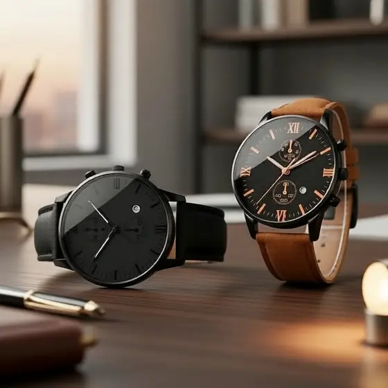 Conjunto de 2 peças Relógio Masculino - Movimento Quartzo, Pulseira de Couro, Mostrador com Números Árabes, Calendário