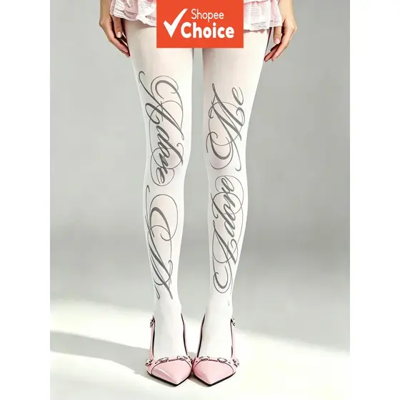 Meias-Calças Femininas com Letras Grandes - Meias Y2K Fashion Goticas Estampadas com Alfabeto - Leggings com Padrão de