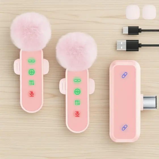 Microfone de lapela sem fio 2 em 1 rosa, receptor Tipo-C para Android, portátil, com cancelamento de ruído, ideal para