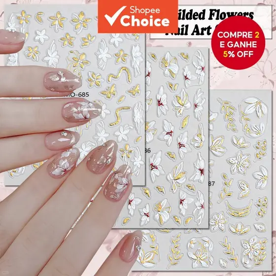 3/6 Folhas Adesivos de Arte para Unhas com Folha de Ouro 5D, Flores em Relevo, Autoadesivos, Design de Flor Dourada