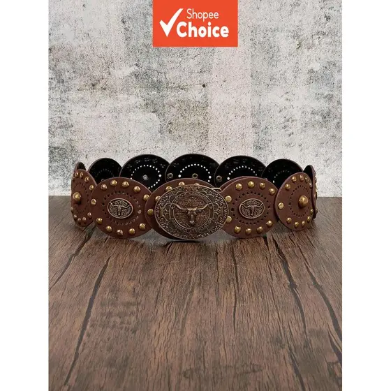 Cinto feminino marrom com tachas punk, cinto boho, cinto estilo western, jeans, cowboy, y2k,