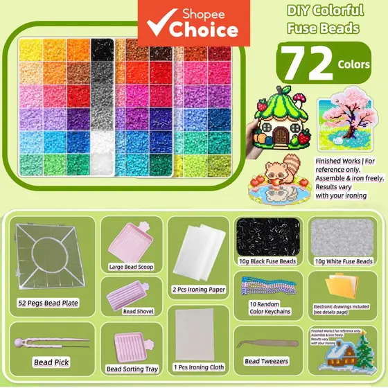 Conjunto Completo de Miçangas Fuse Beads para Crianças, 72 Cores, Quebra-Cabeça Pixel com Chaveiros em Cores Sortidas