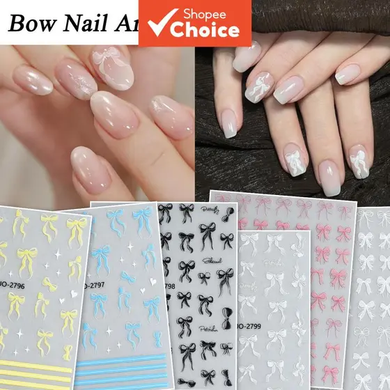3/6/12 Folhas Adesivos para Unhas 3D Laço Nó Laço em Relevo Fita Adesivos para Unhas Rosa Branco Adesivos para Unhas