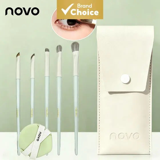 NOVO conjunto de 6 pincéis de maquiagem com estojo de PU e esponja de almofada de ar, pincéis macios para rosto e olhos