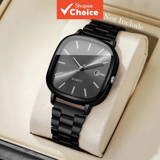 Relógio Masculino Minimalista Preto de Caixa Quadrada | Pulseira de Aço Inoxidável, Visor de Data, Movimento Quartz,