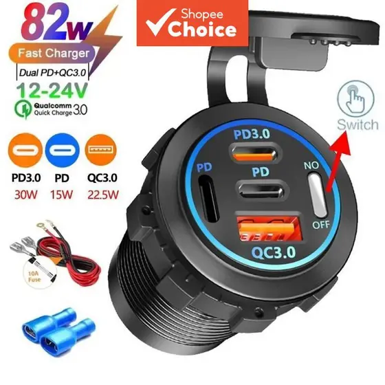 2/3/4 Porta Carregador Veicular PD QC 3.0 USB com Voltímetro, Tomada Adaptadora de Alimentação à Prova D’Água para