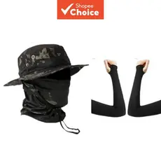 Camuflagem Boonie Chapéu Máscara Facial Manga De Proteção Solar Conjunto De 3 Peças Multifuncional Pescador Respirável A