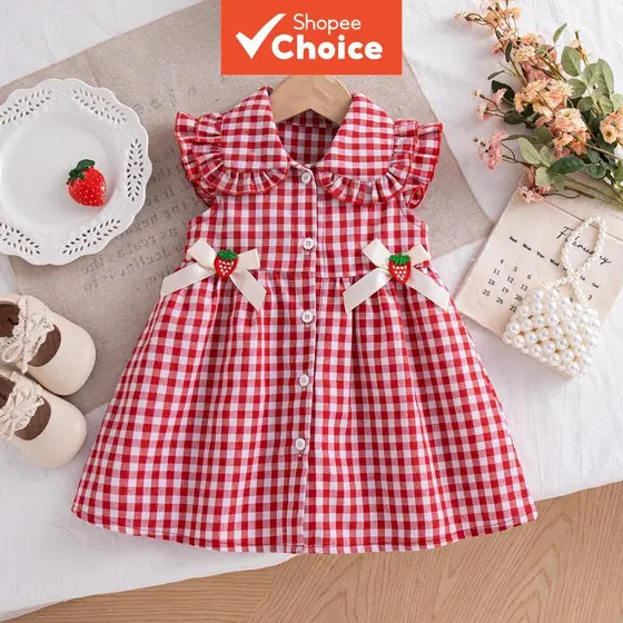 Vestido de verão para bebê menina, fantasia de morango, algodão fofo, xadrez, roupa de bebê.