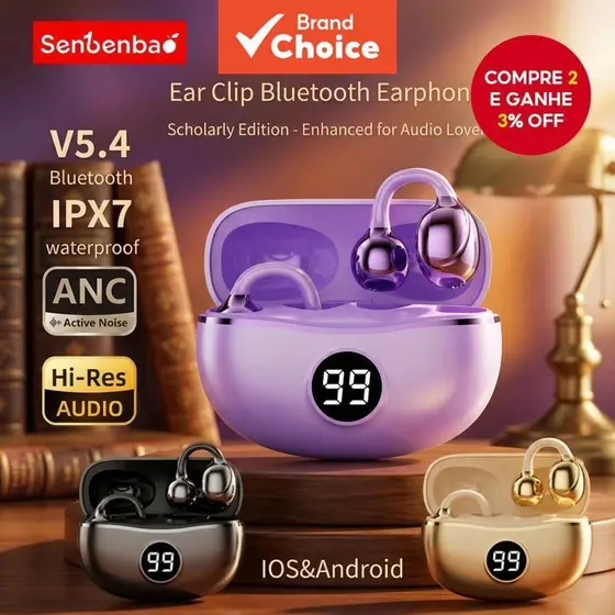 SenBenBao S151 Fones De Ouvido Originais Sem Fio Fone Bluetooth Com Microfone Viva-Voz Cancelamento De Ruído Clipe Orelh