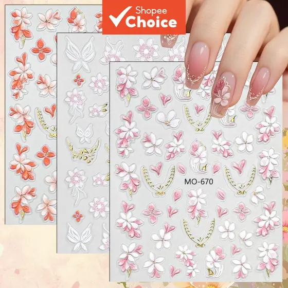 3/6/12 Folhas Adesivos de Unha 5D Rosa e Branco com Flores e Coração, Autoadesivos, para Manicure DIY de Primavera