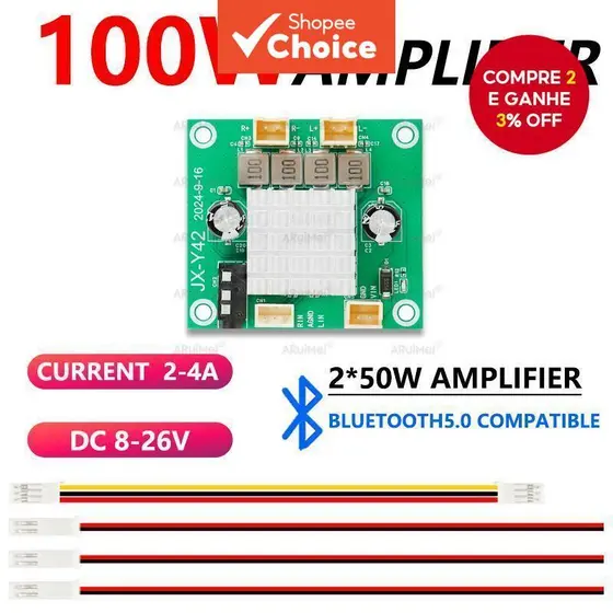 Placa Amplificadora Bluetooth 100W Display Digital 8V-26V Entrada De Ampla Tensão Com Cabo De Alimentação Hi-Fi