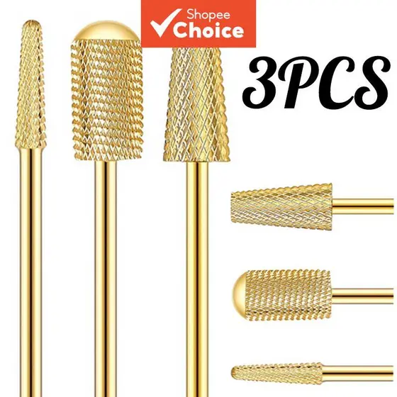 Kit 3 Peças Brocas de Unha em Carboneto de Tungstênio com Banho Dourado, Ferramentas Profissionais para Polimento,