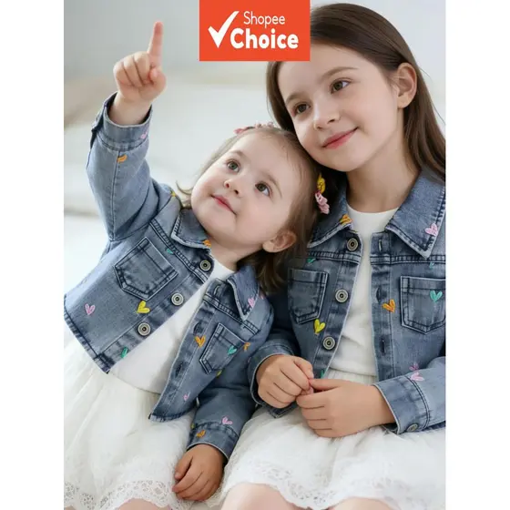 Jaqueta jeans infantil para meninas de 0 a 3 anos, bordado de coração colorido fofo, roupas casuais de primavera para o