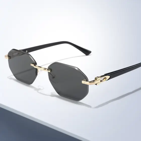 Óculos De Sol Masculino Sem Aro Polígono Borda Corte High-end Literário Retro Uv400 Moda
