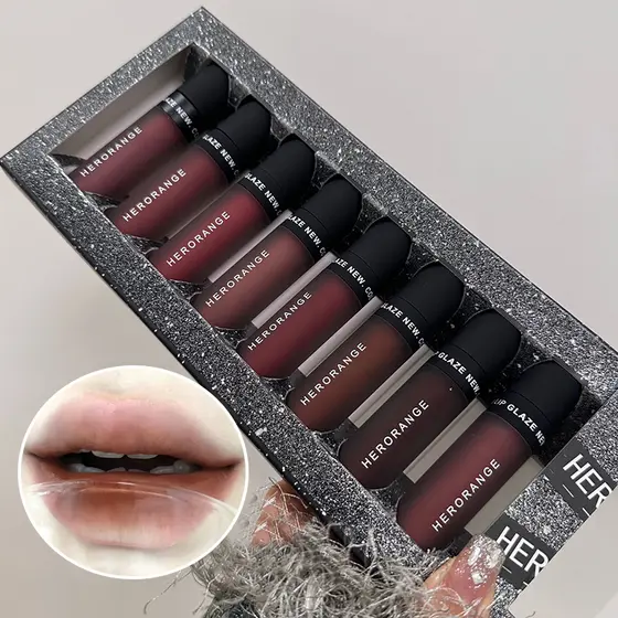 Conjunto de Batons Líquidos 8 Peças HERORANGE, Realçador Natural de Lábios, Batom Fosco aveludado