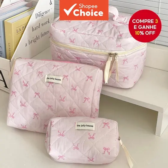 Bolsa de maquiagem, bolsa de beleza, tecido macio, costura, laço de fita rosa, estampa de borboleta, combinação de