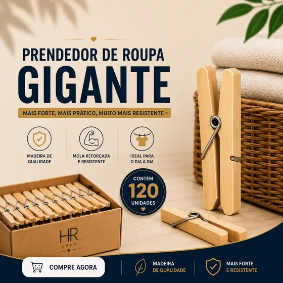 Prendedor de Roupas Gigante 120 Un Madeira Pregador
