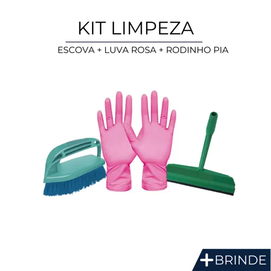 Kit Limpeza Luva Nitrílica Rosa + Escova de Plástico + Rodo Pia Econômico