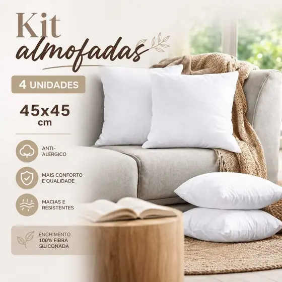 Kit 4 Uni Enchimentos para Almofada fibra siliconada Antialérgico 45x45cm OU 40x40 Opção de 4 e 2 Unidades