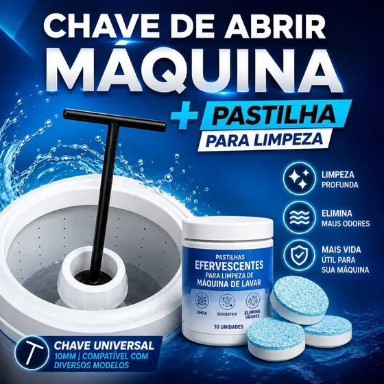 Chave T10 mm + Pastilha para limpeza de maquina de lavar retirar agitador Brastemp Electrolux UNIVERSAL