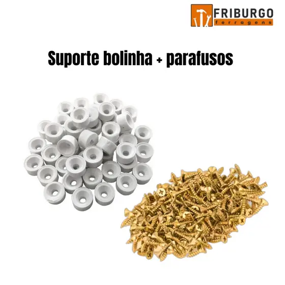 Kit completo de suporte bolinha BRANCA + parafusos para aplicação em prateleiras