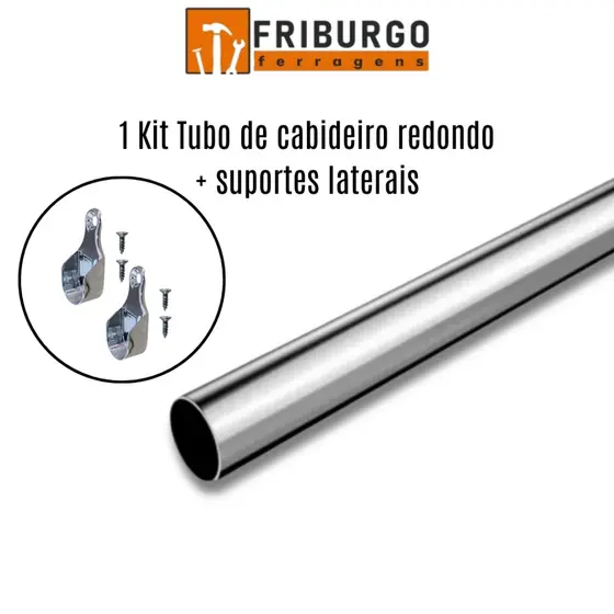 1 Tubo Cabideiro Redondo + Suportes Laterais  P/ Araras, Guarda Roupa, Closets