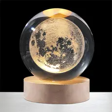 Luminária Lua LED Bola de Cristal 3D Base de Madeira Luz Noturna Abajur Decorativo Presente Quarto