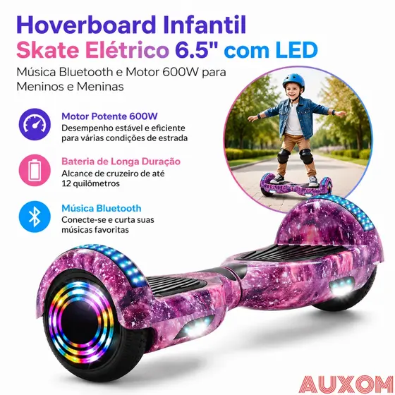 Hoverboard Infantil Skate Elétrico 6.5" com LED Música Bluetooth e Motor 600W para Meninos e Meninas-Brinquedos Premium