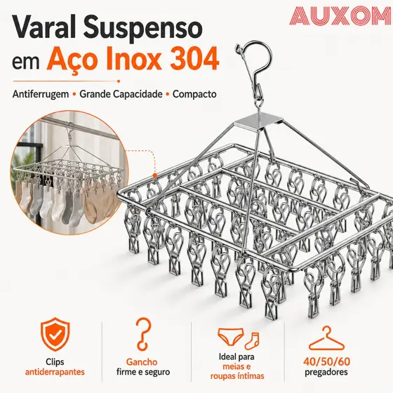 Varal Retrátil com 60/50/40 Clips Inox para Roupas Íntimas e Pequenas – Prendedor de Roupas Prático e Durável