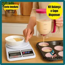 Kit Copo Dispenser Dosador de Massas 900ml + Balança De Cozinha Digital 10KG Cupcake Panqueca Waffle